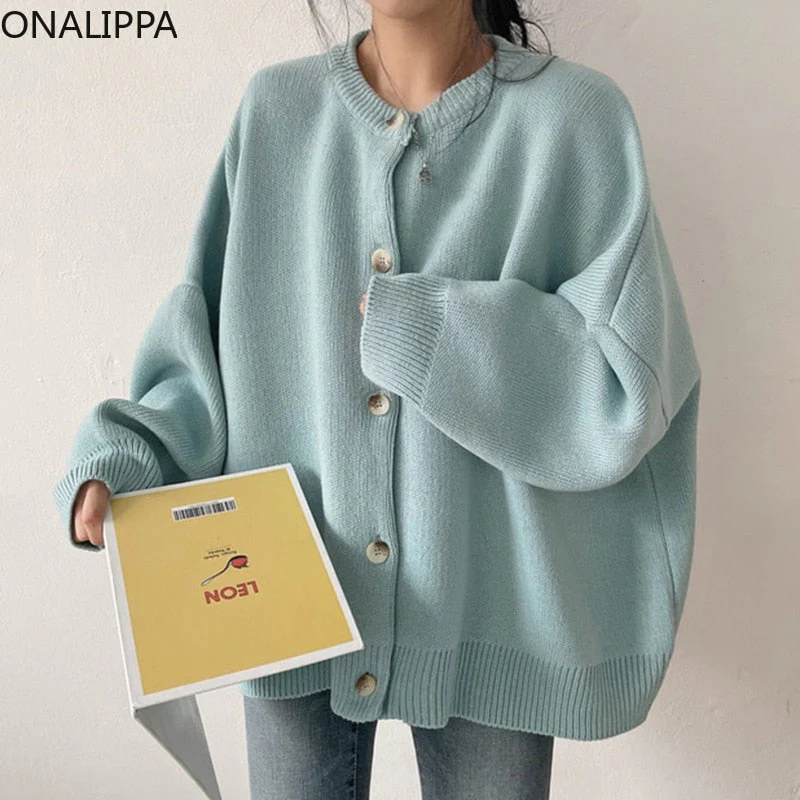 deanwangkt Knitted Cardigan  Autumn Korean Retro Round Neck Single-Breasted Loose Casual Solid Color Long-Sleeved Sweater - Deanwangkt