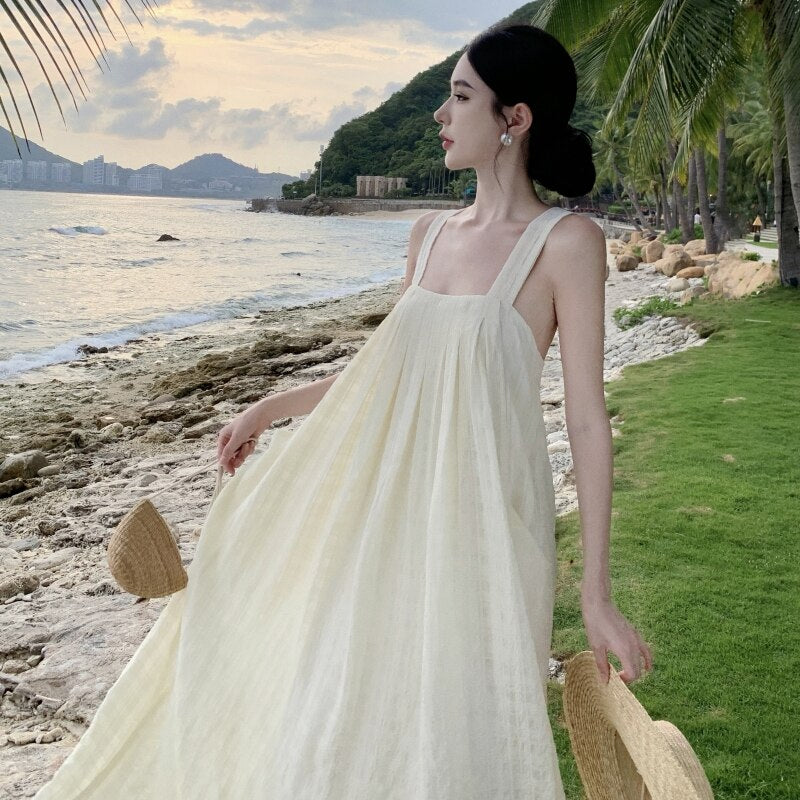 deanwangkt Summer Midi Apricot Slim Square Collar Sleeveless Bandage Slip Dress For Women Elegant Pleated High Waist A-line Party Dresses - Deanwangkt