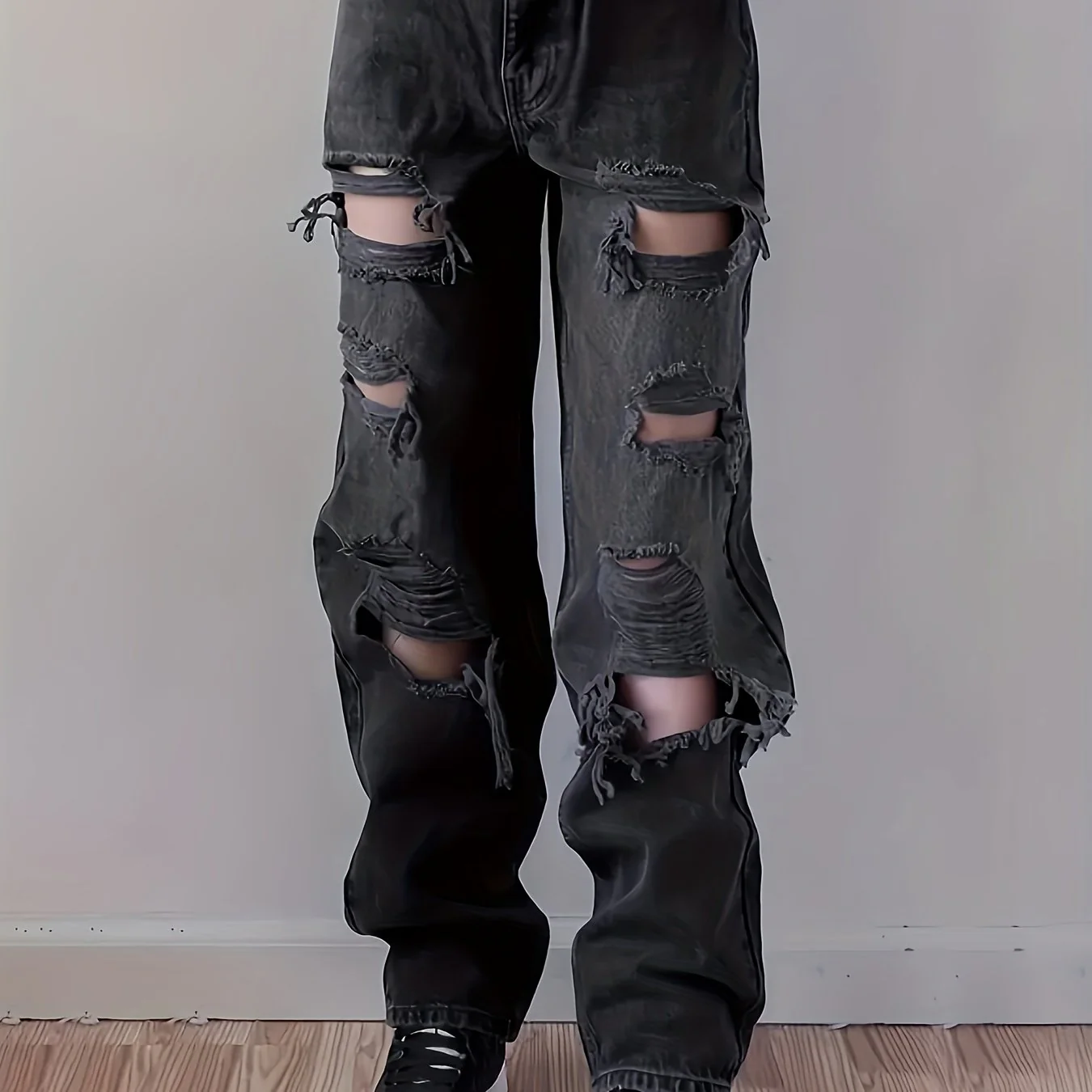 deanwangkt  Plain Ripped Holes Straight Jeans, Loose Fit Distressed Slant Pockets Denim Pants, Women's Denim Jeans & Clothing - Deanwangkt