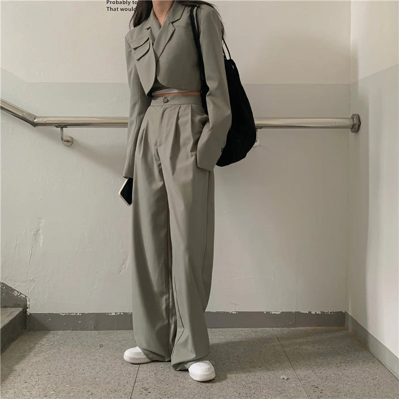 Korean summer Two Piece Set Women Crop Top Sexy Lace-up Blazer Coat + High Waist Pants Suit Sets Streetwear 2 Piece Sets Women - Deanwangkt