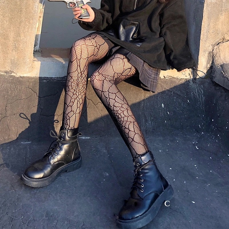deanwangkt  Lolita Dark Gothic Tights Women Y2k Preppy Style Mall Goth Punk Spider High Waist Jk Socking Emo Alt Fishnet Stockings - Deanwangkt
