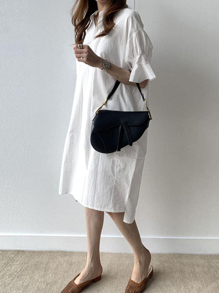 deanwangkt Casual Plain Lapel Button Half Sleeve Side Pocket Shirt Dress - Deanwangkt