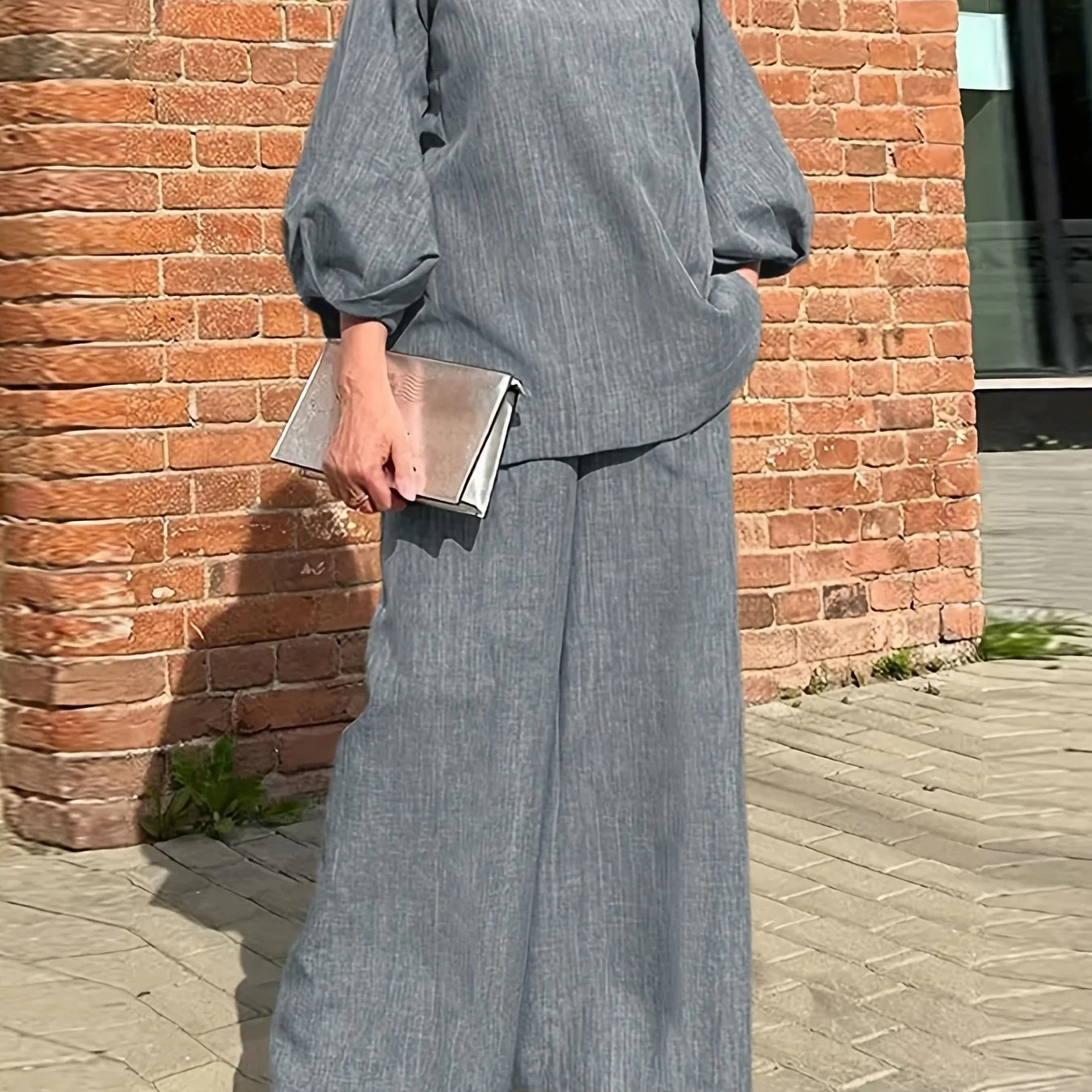 deanwangkt-1  Solid Casual Two-piece Set, V Neck Lantern Sleeve Tops & Wide Leg Pants Outfits, Women's Clothing - Deanwangkt