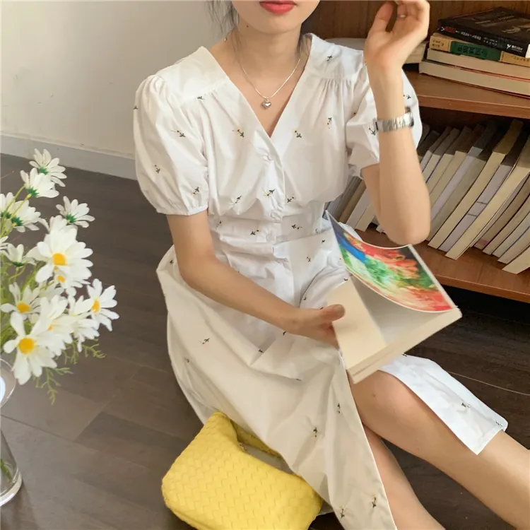Joskka  New Women Summer Dresses Casual Embroidery Floral Puff Sleeve Buttons High Waist Vintage Back Hollow Out Long Dress - Deanwangkt