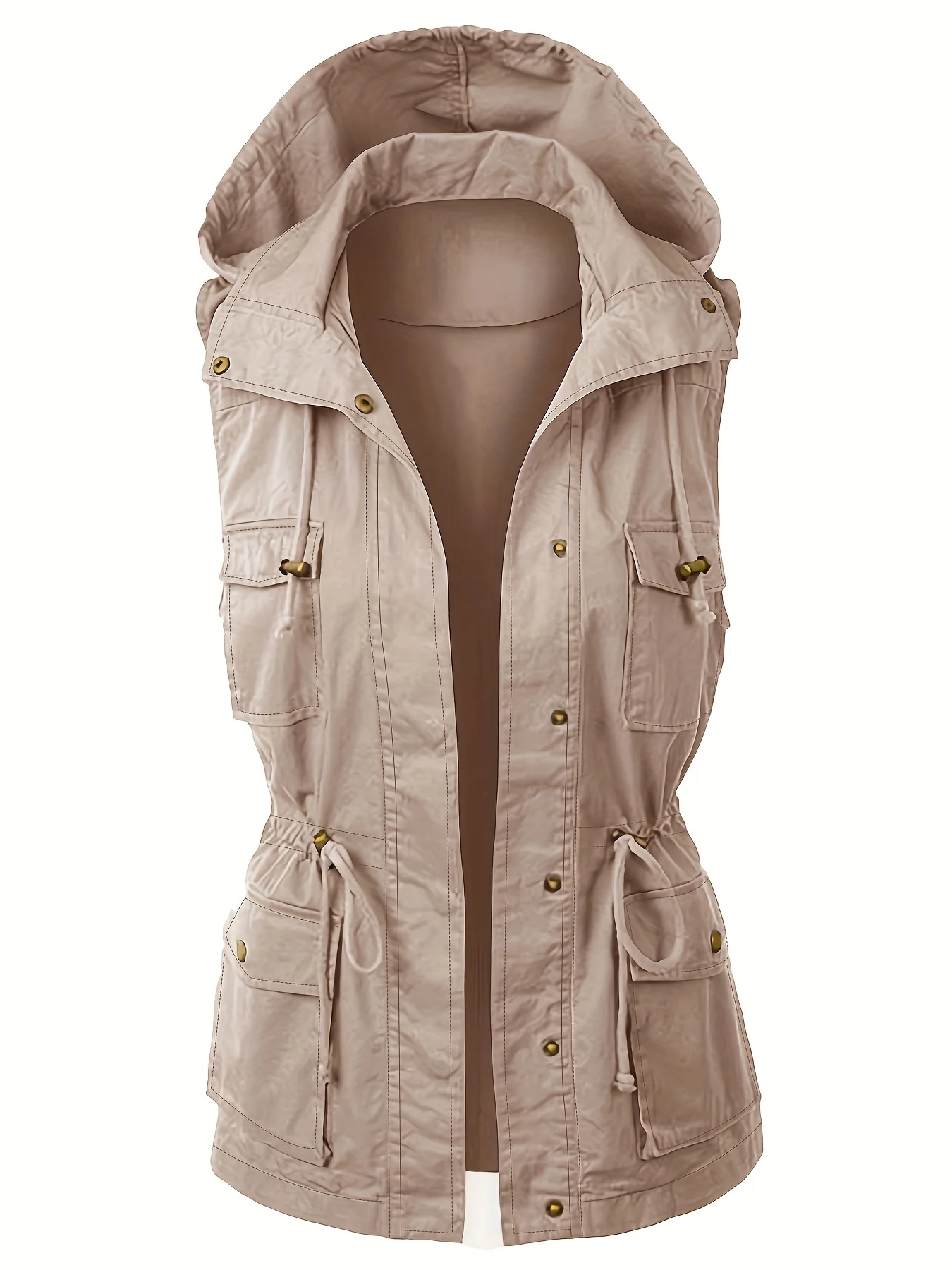 deanwangkt-1  Women's Solid Color Sleeveless Drawstring Hooded Jacket, Casual Fall Winter Coat, Women's Clothing - Deanwangkt