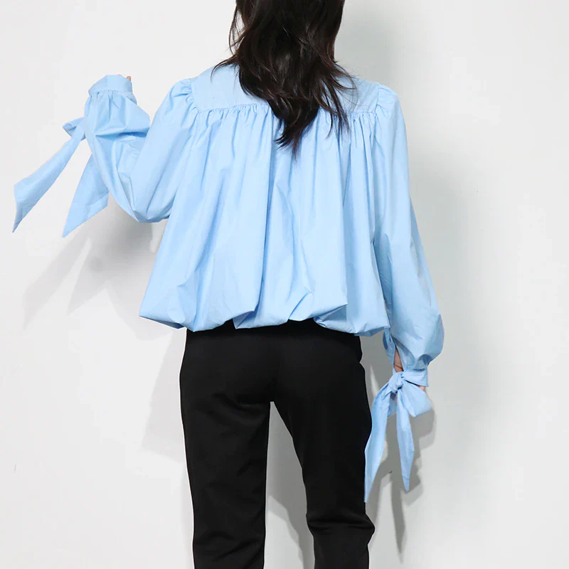 deanwangkt Loose Frill Trim Shirt For Women Lapel Long Sleeve Casual Lace Up Bow Blouse Female Fashion New Clothing Autumn - Deanwangkt