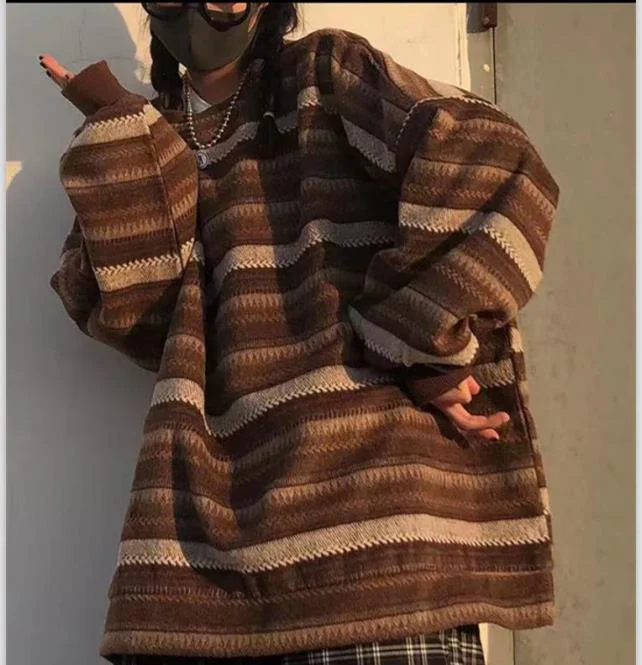 deanwangkt High Street Women Sweater Striped Contrasting Color Sweaters Vintage O-Neck Long Sleeve Knitwear Pullovers Women Clothes - Deanwangkt