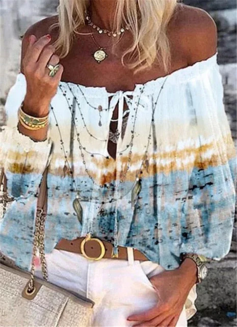 Sexy Women Spring Autumn Ruffles Chiffon Tops Tees Floral Plus Size Belt Off Shoulder Casual Femme Blouse Shirt Befree Boho - Deanwangkt