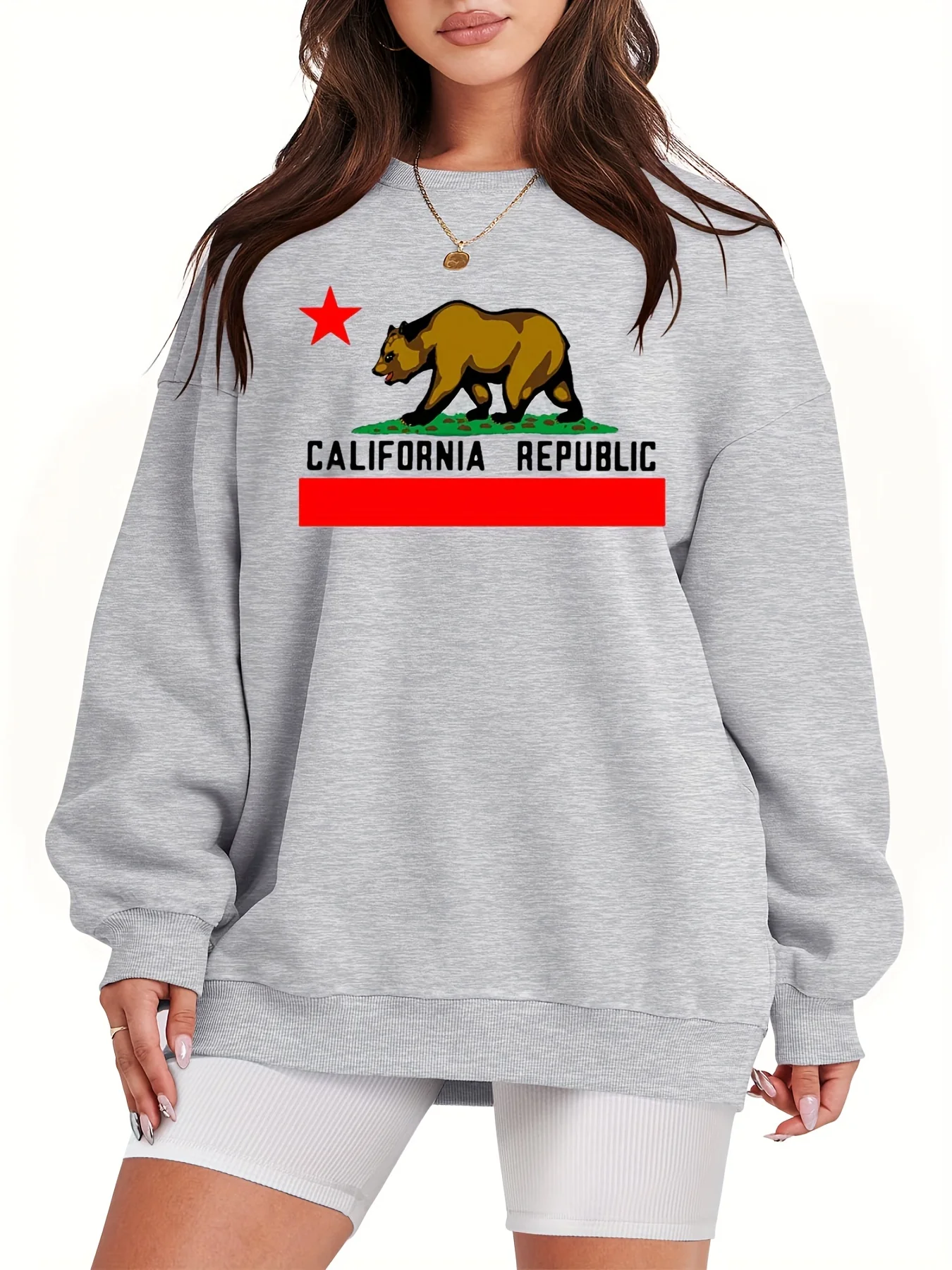 California Republic Print Sweatshirt, Casual Long Sleeve Crew Neck Sweatshirt, Women's Clothing - Deanwangkt