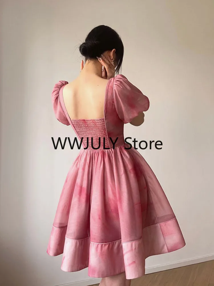 Joskka Short Sleeves Elegant Dress for Women  Fashion Fairy Square Collar Y2k Mini Dress Party Beach Style High Waisted Dress Chic - Deanwangkt