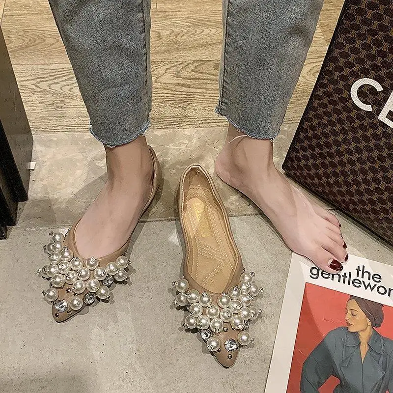 deanwangkt Elegant Ladies Pointed Flat Shoes  Spring Shallow Water Drill Pearl Buckle Soft Bottom Plus Size Comfortable Women's Shoes - Deanwangkt