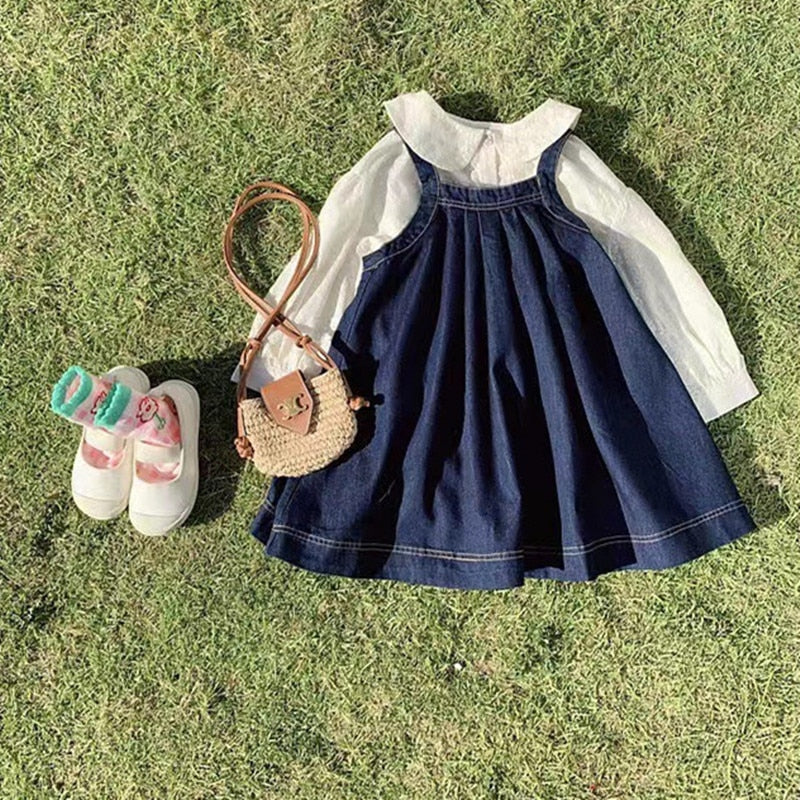 deanwangkt New Spring Girls Dress Suit Children's Clothing Sets Kids Embroidery Lapel Shirt and Denim Strap Dress 2PCS Outfit - Deanwangkt