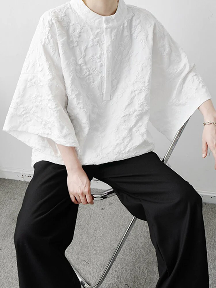 deanwangkt Women White Jacquard Big Size Blouse New Stand Collar Three-quarter Sleeve Shirt Fashion Tide Spring Autumn  1DF0855 - Deanwangkt