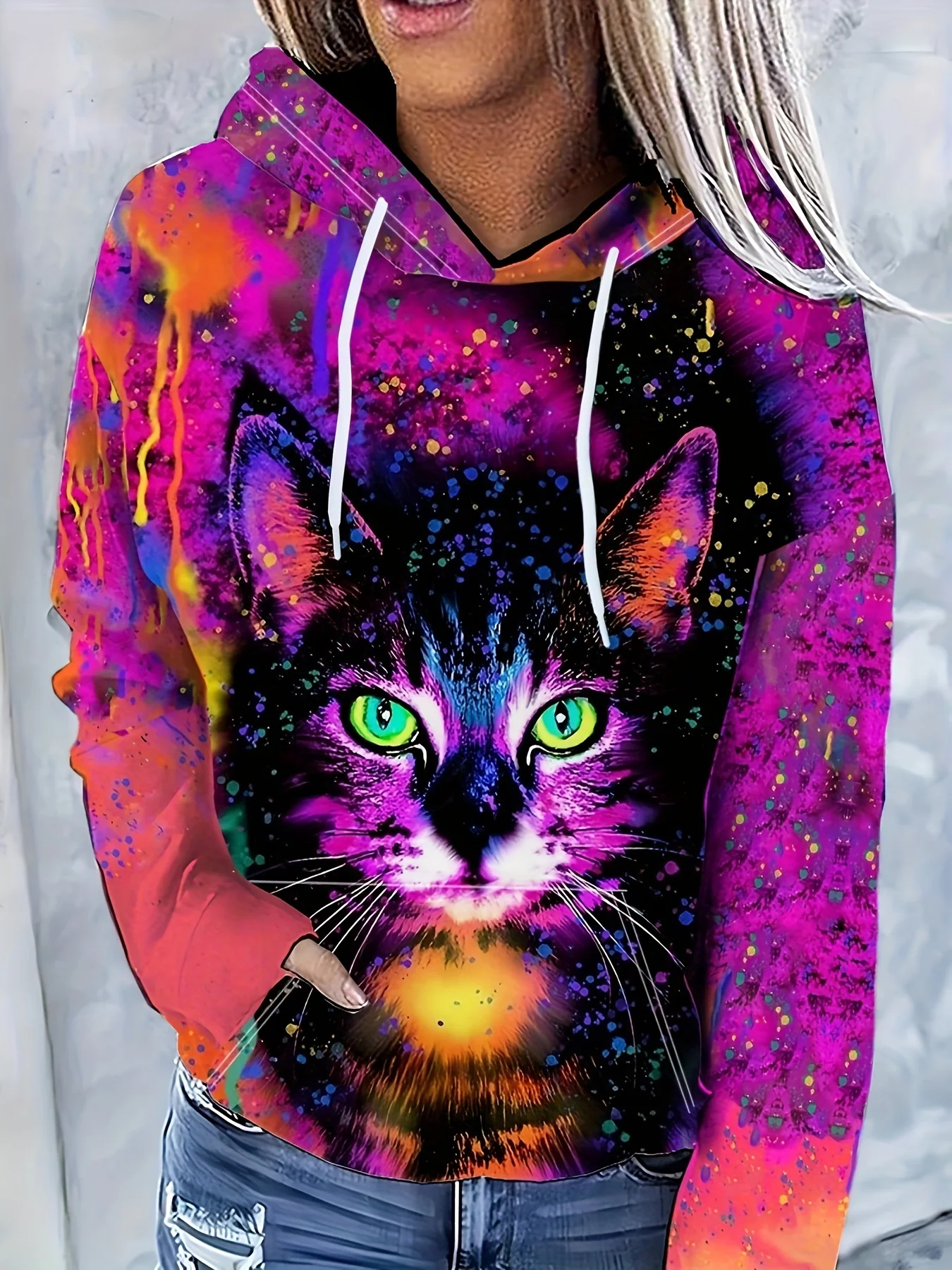 deanwangkt-1  3D Cat Graphic Sports Hooded Sweatshirts, Casual Drawstring Hoodies With Front Pocket, Women's Sporty Sweatshirts (Without Fleece) - Deanwangkt