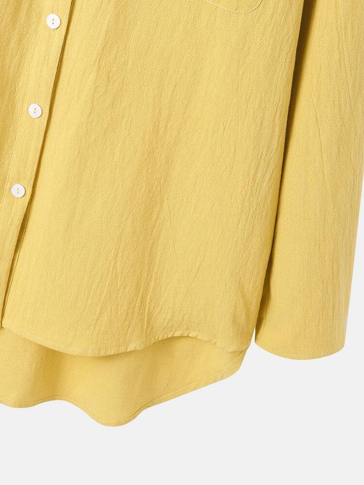 deanwangkt Women Mustard Yellow V-neck Front Pocket Design Long Sleeve Casual Shirts - Deanwangkt