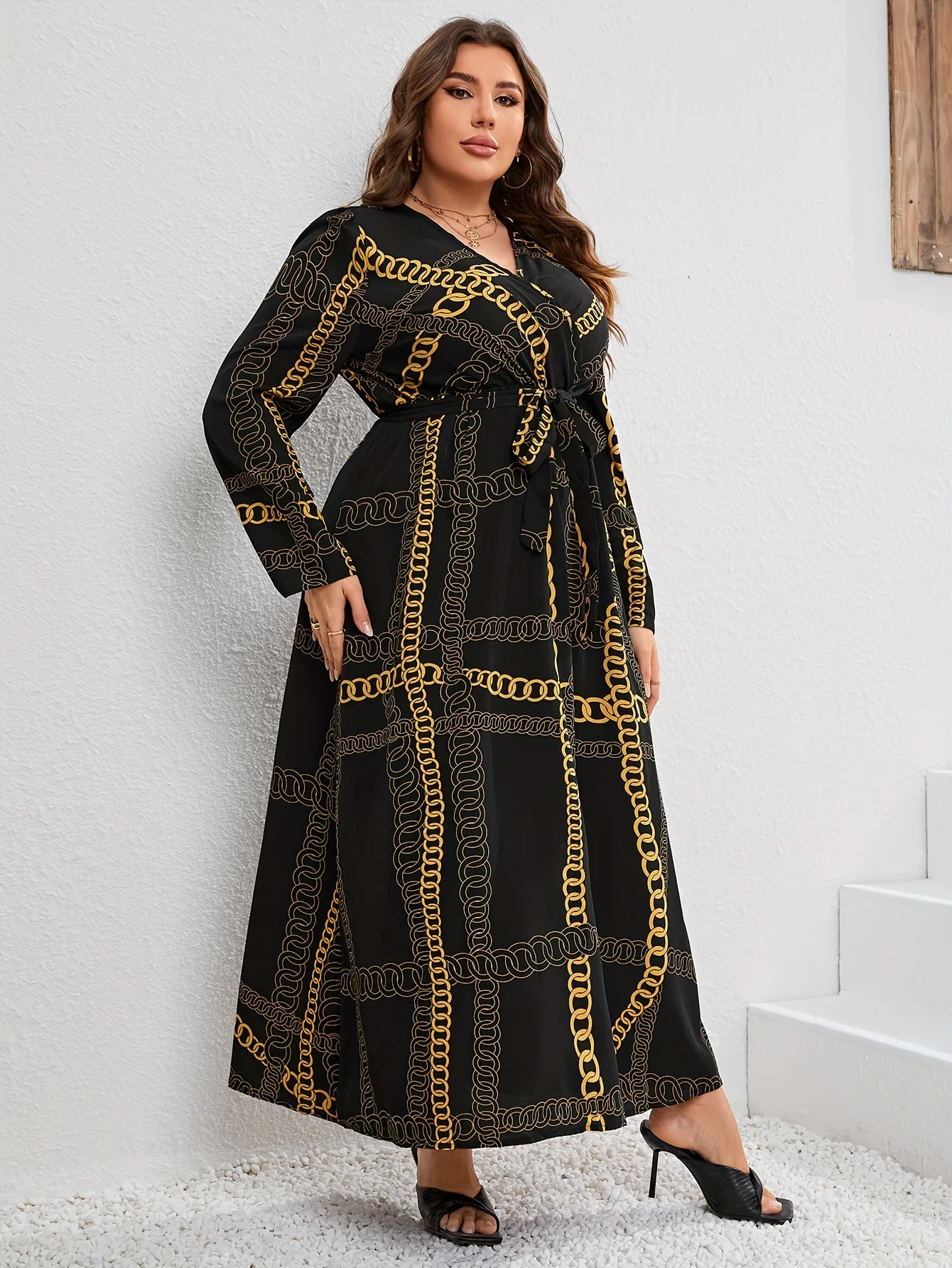 Plus Size Elegant Dress, Women's Plus Chian Print Long Sleeve Surplice Neck Slight Stretch Maxi Dress With Belt - Deanwangkt