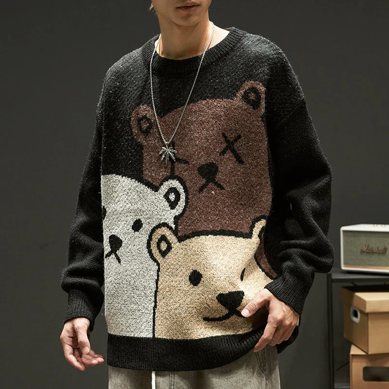 deanwangkt Cartoon Bear Sweater Men's Winter Men's Women's Fashion Long-Sleeved Knitted Pullover Sweater Oversized  New Cotton Coat - Deanwangkt