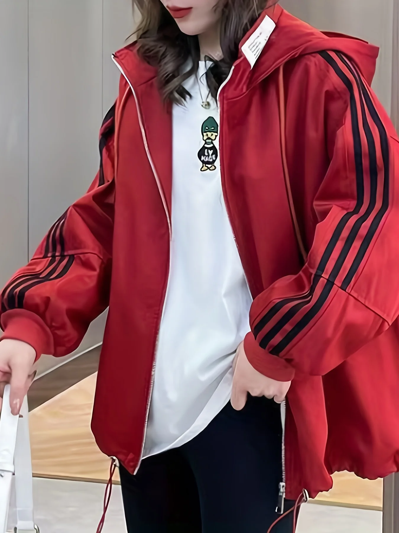 deanwangkt-1 Striped Print Zip Up Jacket, Casual Drawstring Hooded Jacket, Women's Clothing - Deanwangkt