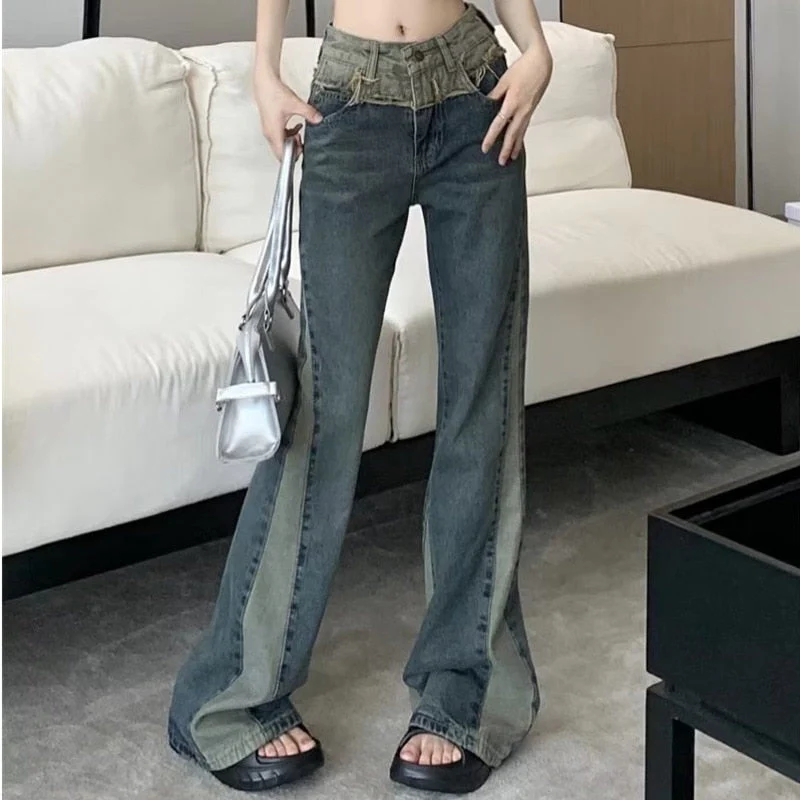 deanwangkt Summer New Splice Slim Raglan Jeans Women Spice Girls High Waist Design Sense Small Public Show Thin Flare Pants - Deanwangkt