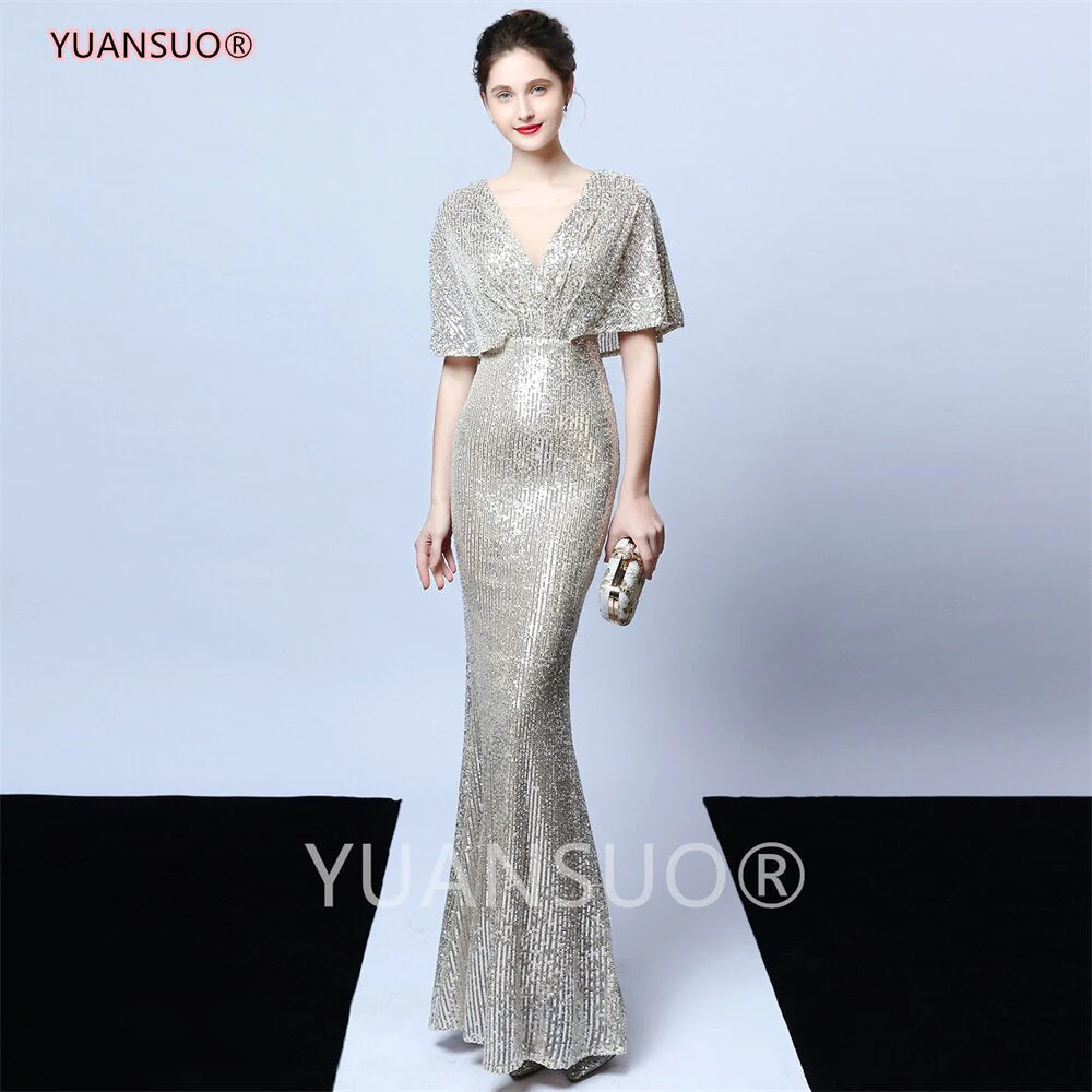 DEANWANGKT Golden Evening Dresses Mermaid Short Sleeves Sexy V Neck Evening Gown Elegant Glitter Bat Sleeves Formal Party Dress - Deanwangkt