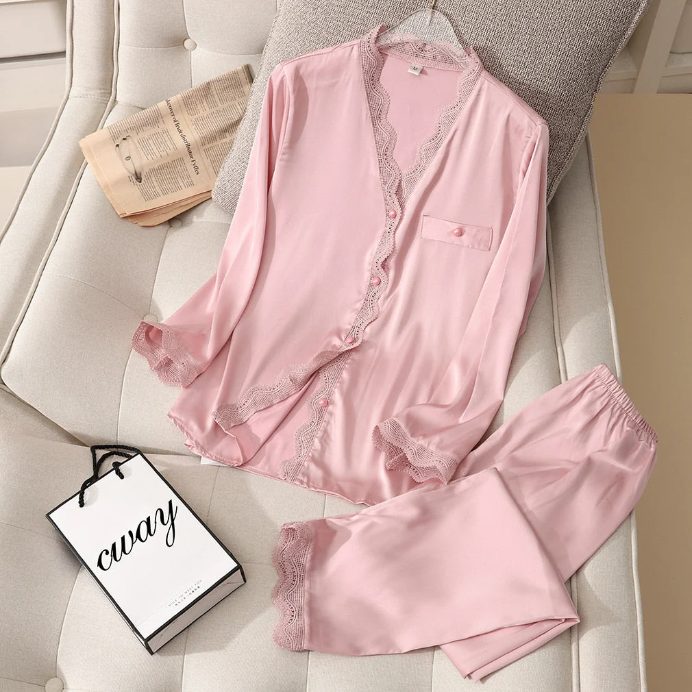New Women's Pajamas Set Vintage V Neck Lace Sleepwear Silk Like Nightie Leisure Home Clothes Nightwear Pyjamas Femme - Deanwangkt