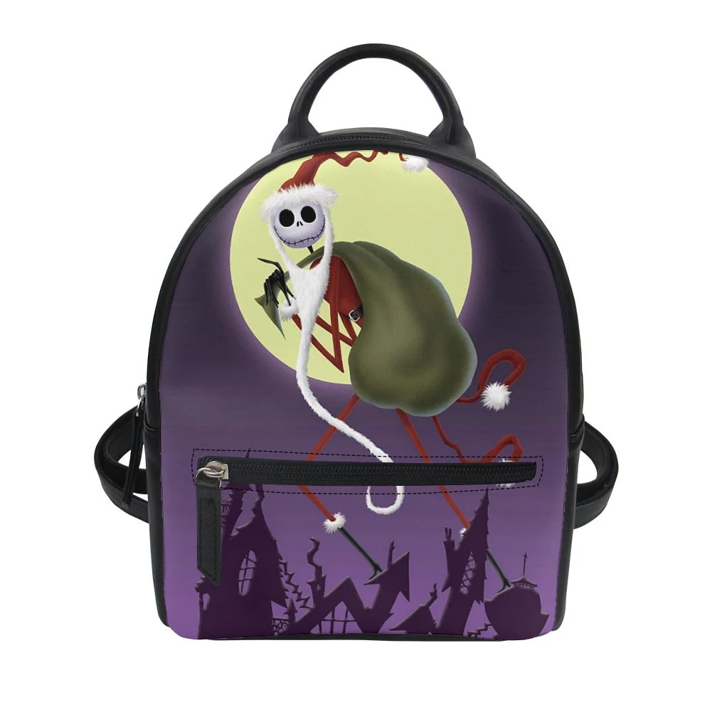 deanwangkt  Nightmare Before Christmas Print Women's Backpack Trend PU Leather Women's Waterproof  Daily Backbags - Deanwangkt