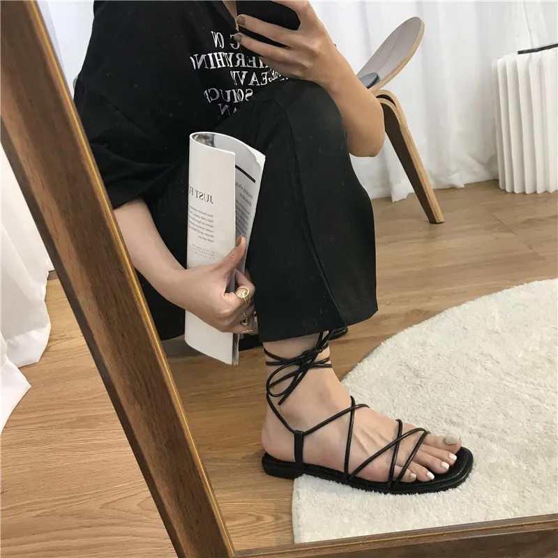 deanwangkt Summer Shoes Women Sandals Narrow Band Vintage Square Toe Flat Cross Strap Thong Sandals V Shape Design Shoes Women - Deanwangkt