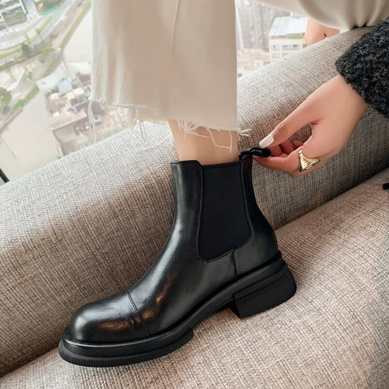 deanwangkt Autumn Boots     NEW Fall/Winter Shoes Women Split Leather Ankle Boots Round Toe Chunky Shoes for Women Solid Chelsea Boots Leisure Black Boots - Deanwangkt