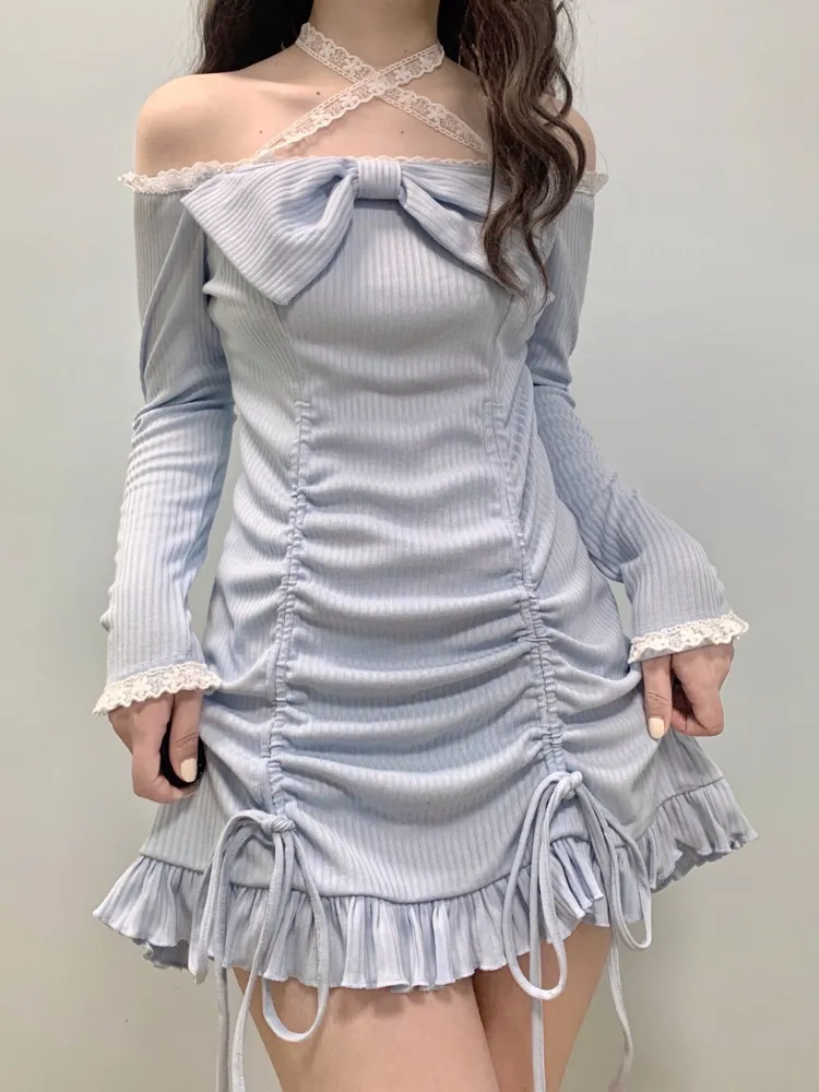 deanwangkt Korean Style Party Mini Dresses Women Japanese Off Shoulder Sexy Kawaii Dress Female Long Sleeve Lace Kawaii Lolita Dress Autumn - Deanwangkt