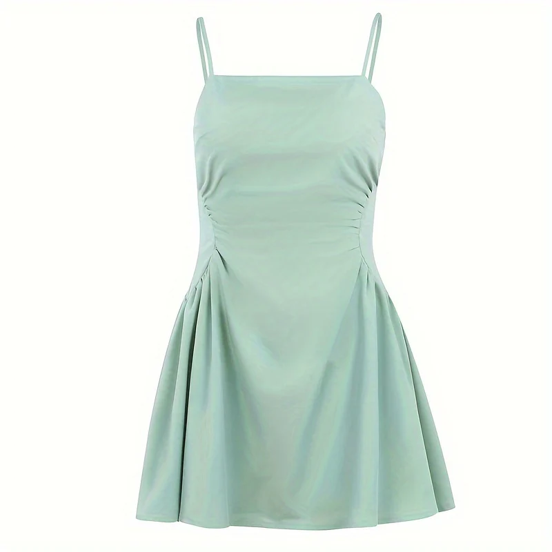 deanwangkt  Solid Spaghetti Strap Dress, Chic Backless A-line Cami Dress, Women's Clothing - Deanwangkt