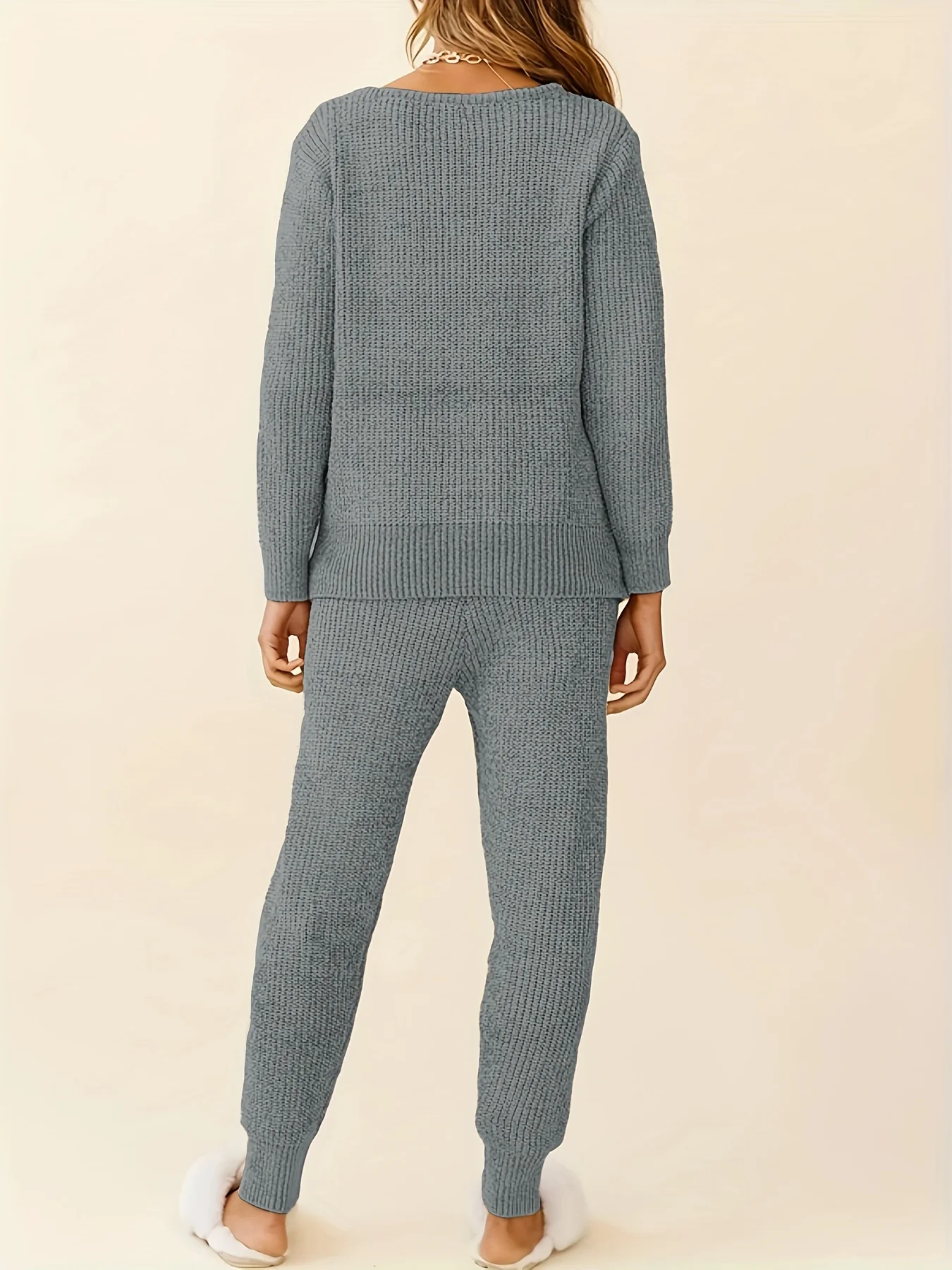 Solid Knitted Two-piece Set, Casual Long Sleeve Sweater & Drawstring Pocket Pants Outfits, Women's Clothing - Deanwangkt