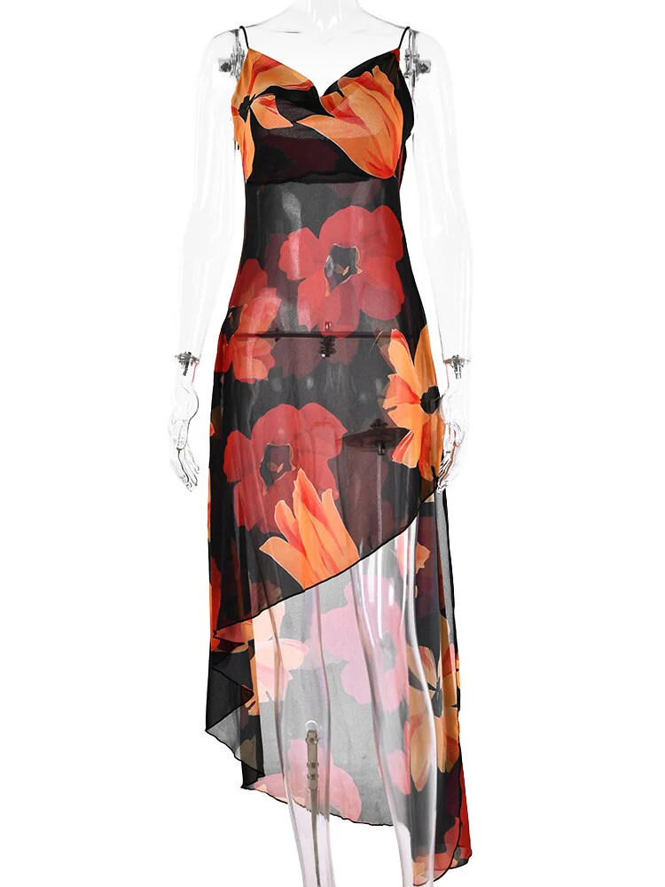 Joskka Chiffon Print Backless Women Summer Dress Spaghetti Strap See Through Dress Female Slim Vacation Outside Beachwear - Deanwangkt