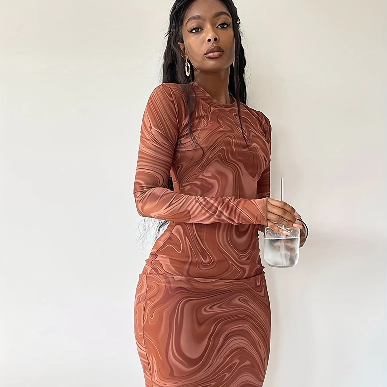 Abstract Ripple Print Dress, Sexy Mock Neck Long Sleeve Dress, Women's Clothing - Deanwangkt