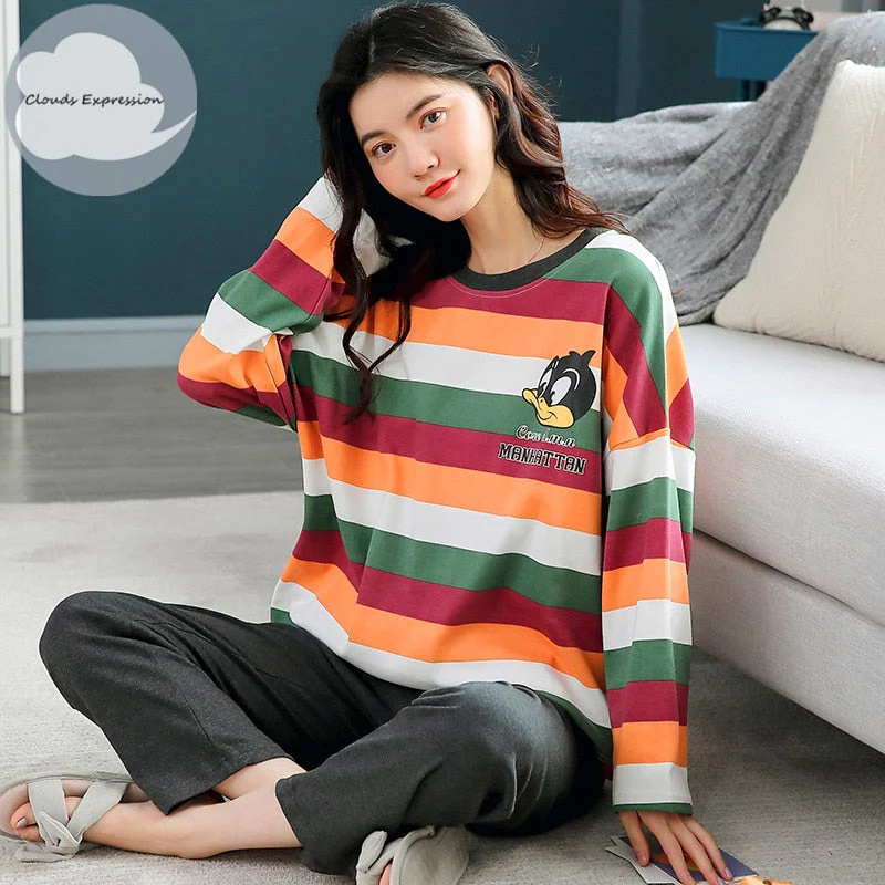 Spring Autumn Women's Sleep Lounge Pajama Long Sleeved Woman Pajama Set Cartoon Pyjamas Cotton Sleepwear M L XL XXL XXXL Fashion - Deanwangkt