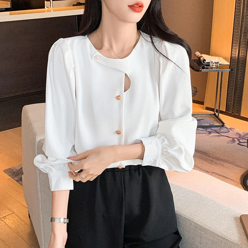 deanwangkt Casual Hollow Shirt Elegant Office Lady Tops Autumn Long Sleeve Blouse Fashion Chic Round Collar Solid Loose Women Clothes - Deanwangkt