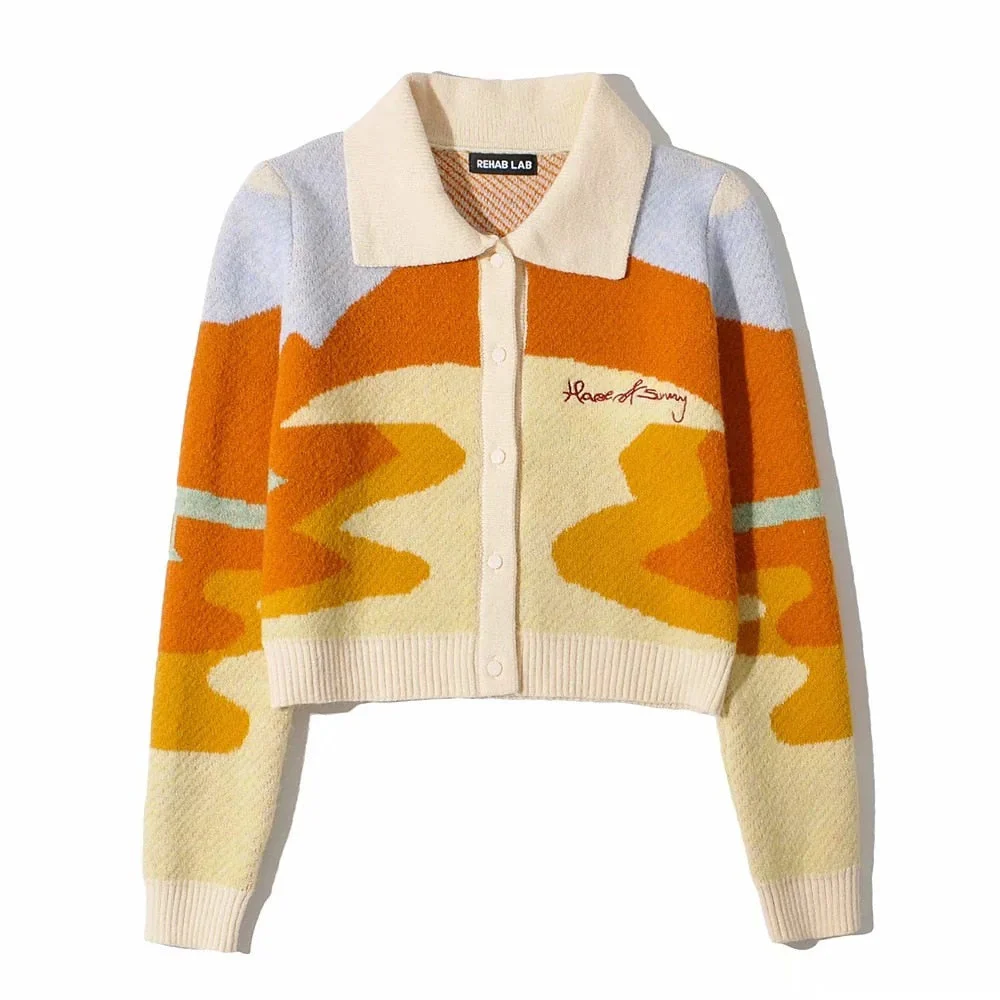 deanwangkt Letter Embroidery Harajuku Knitted Single Breasted Cropped Cardigan Women Autumn Long Sleeve Turn Down Collar Sweater Coat - Deanwangkt