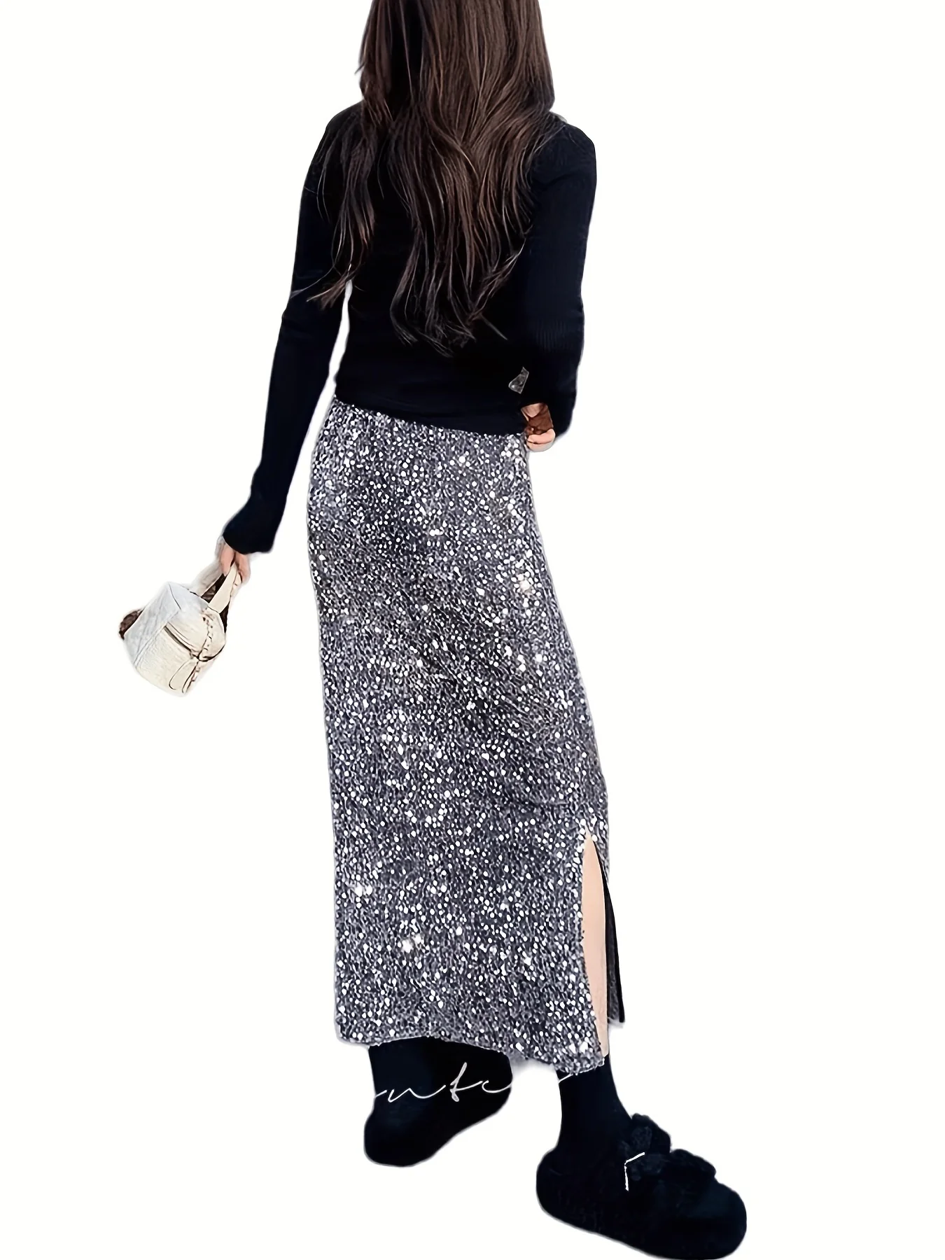 deanwangkt-1 Solid Sequin High Waist Skirt, Casual Elastic Waist Split Skirt, Women's Clothing - Deanwangkt