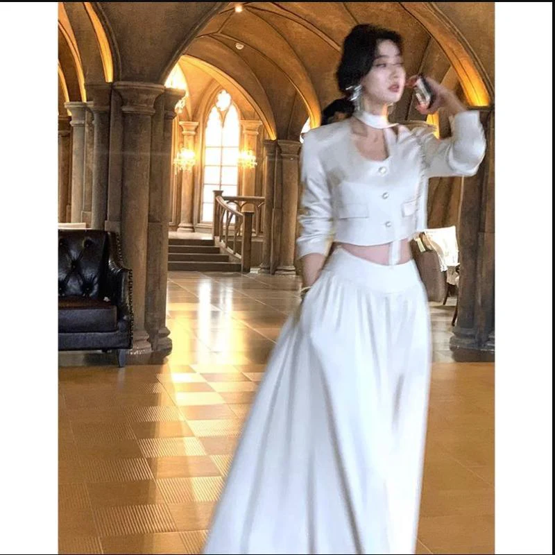 deanwangkt French White Long Sleeve 2 Piece Set for Women Autumn New Elegant Fashion Short Top High Waist Long Skirt Suit Female Clothing - Deanwangkt