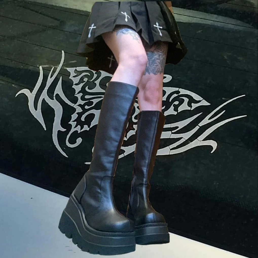 DEANWANGKT  Band Goth Platform Wedges Punk Chunky Mid Calf Boots Women Thick Heel Autumn Trendy Cosplay Casual Shoes Women - Deanwangkt