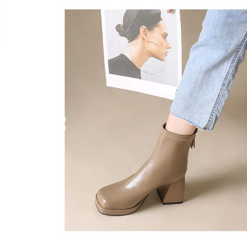 deanwangkt New Autumn Winter Leather Short Boots Women Square High Heel Women Shoes Zipper All Match Ankle Boot Female Platform Shoes - Deanwangkt