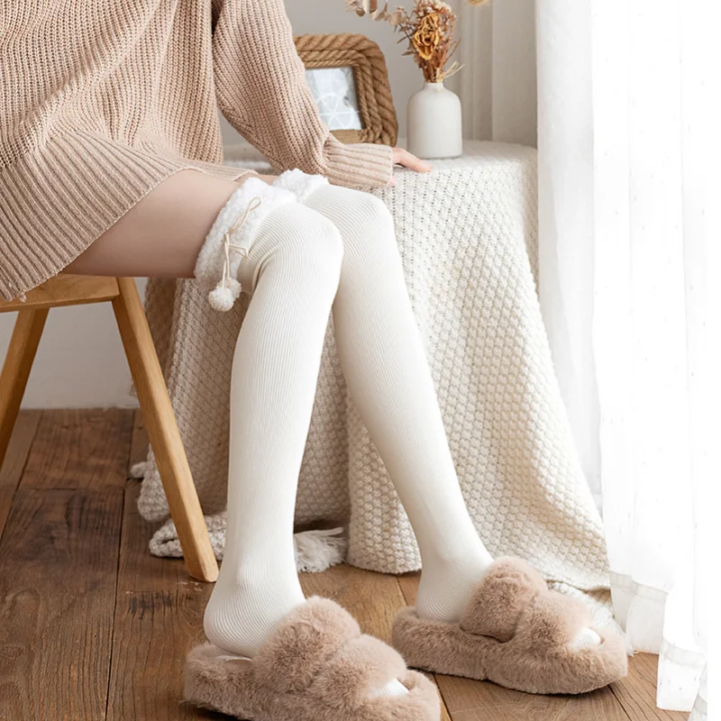 deanwangkt Japanese Vertical Stripe Plush Stockings Autumn Winter Cute Tights Kawaii Lamb Fur Wool Ball Calf Socks Lolita Knee High Socks - Deanwangkt