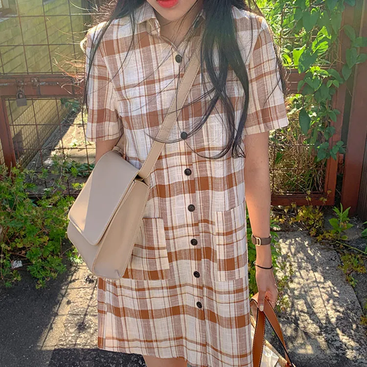 Joskka  New Summer Women's Shirt Dresses Plaid Checkered Vintage Pockets Fashionable Korean Style Oversize Wild Mini Dress - Deanwangkt