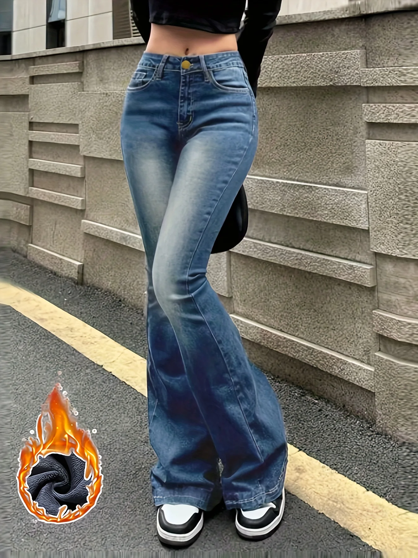 deanwangkt Fleece Liner Casual Flare Jeans, High Stretch Slant Pockets Casual Bell Bottom Jeans, Women's Denim Jeans & Clothing - Deanwangkt