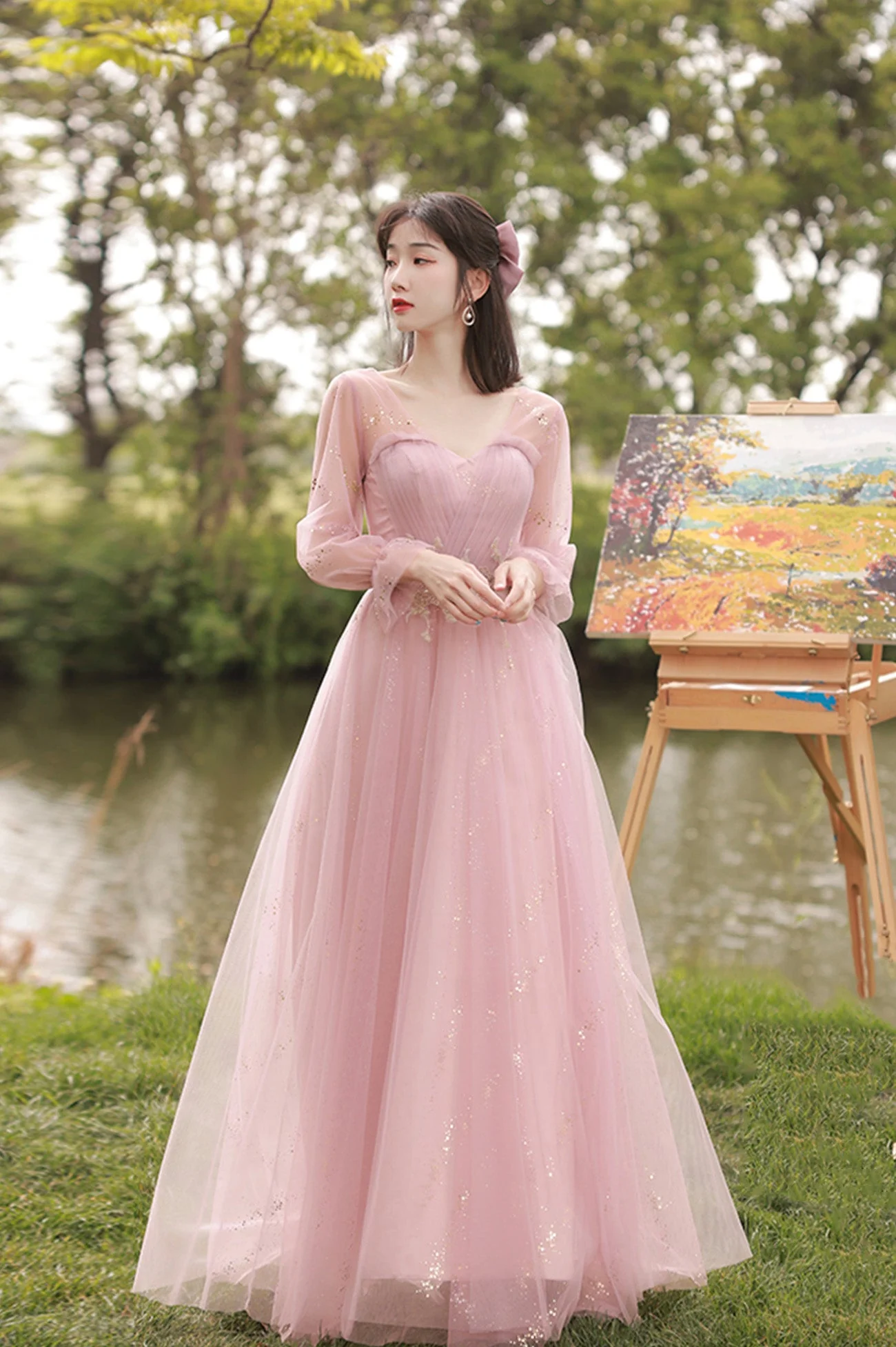 solvbao Pink Tulle Long Prom Dresses, A-Line Bridesmaid Dresses - Deanwangkt