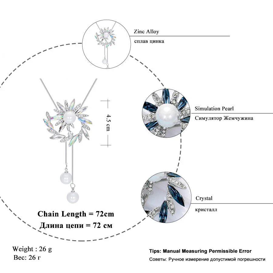 DEANWANGKT Fashion Long Chain Sweater Necklaces & Pendants for Women Blue Opal Rhinestone Flower Pendant Necklace Female Jewelry - Deanwangkt