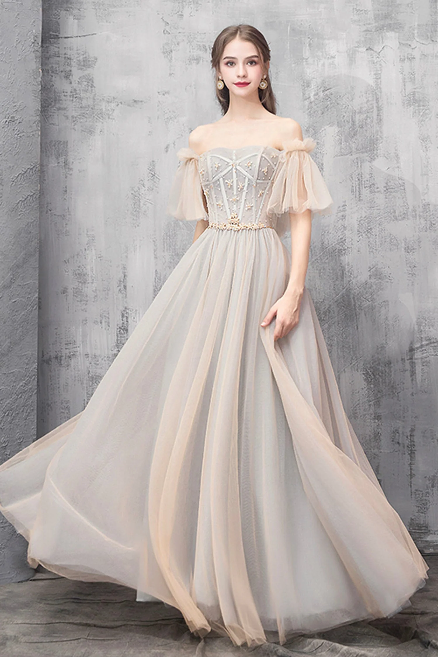 solvbao A-Line Off the Shoulder Tulle Long Prom Dress, Cute Evening Party Dress - Deanwangkt