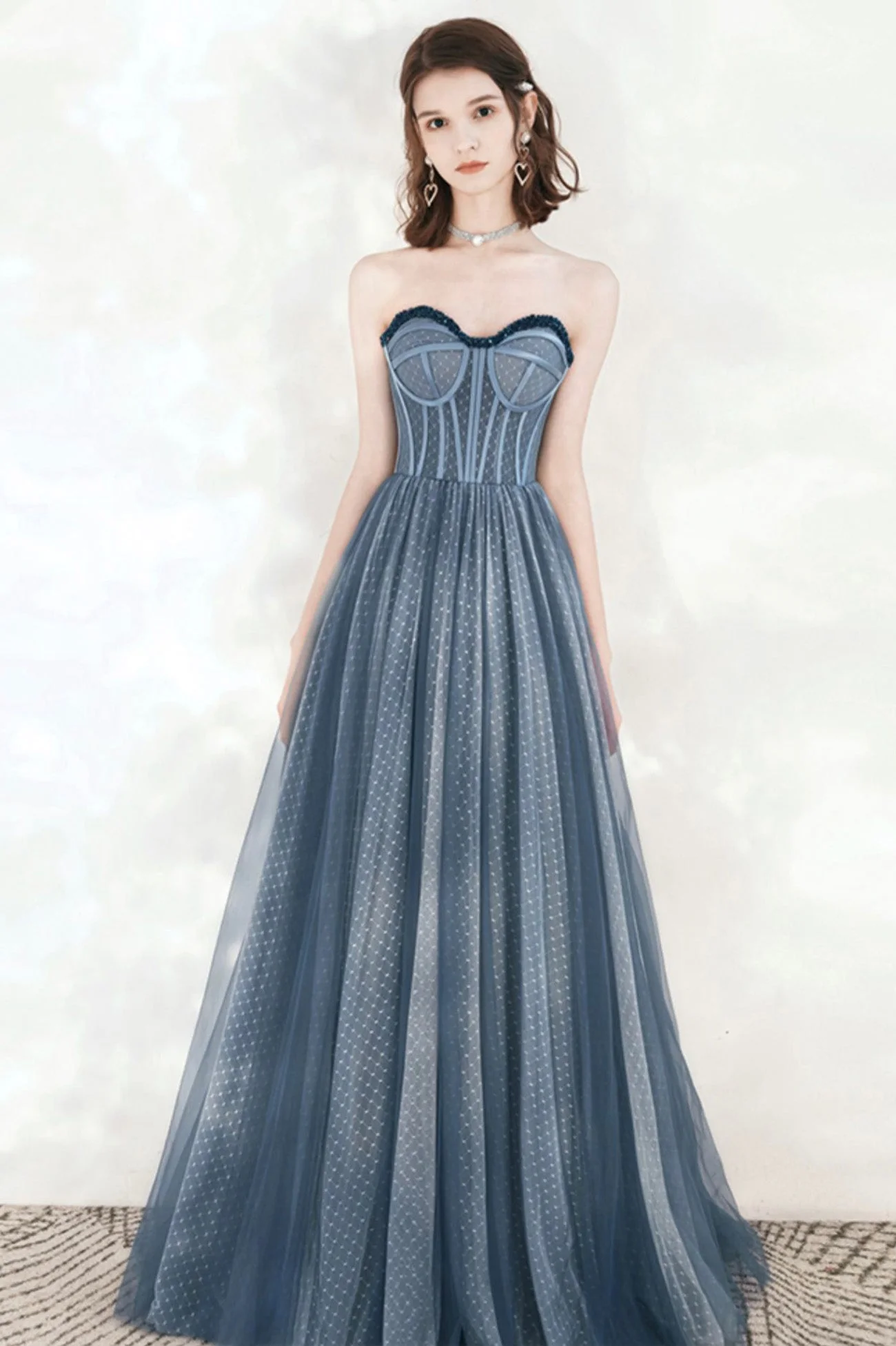 solvbao Blue Tulle Strapless Long Prom Dresses, A-Line Formal Evening Dresses - Deanwangkt