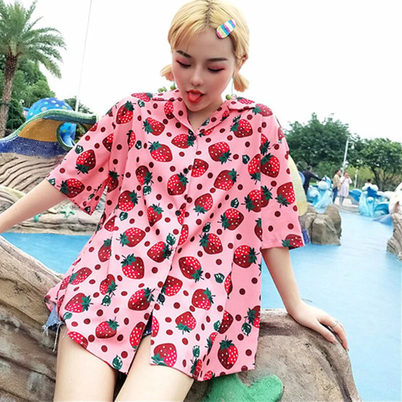 deanwangkt New Women Blouses Holiday Casual Short Sleeve Tops Ladies Strawberry Printed Shirt Korean Summer Fashion Women Clothing - Deanwangkt