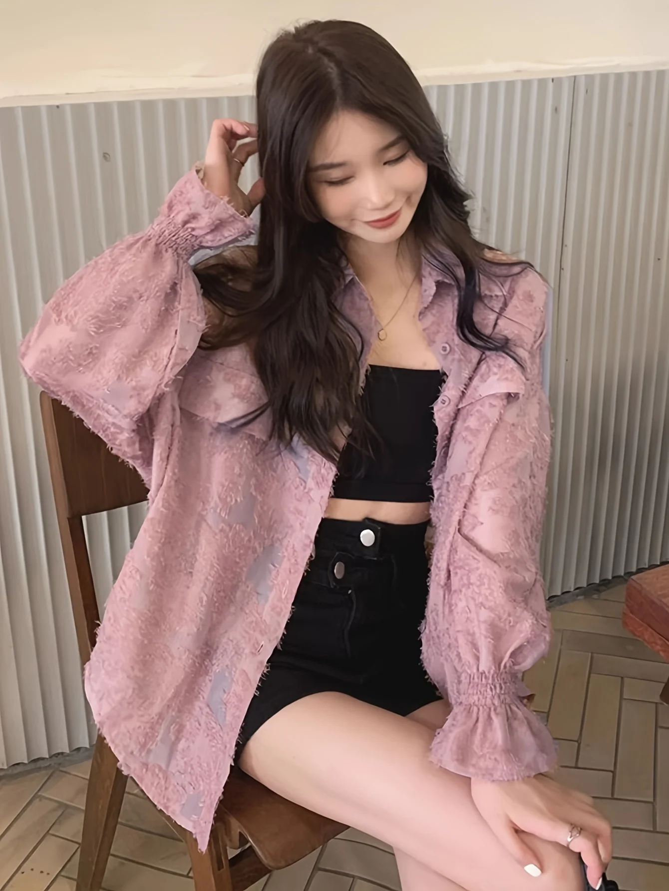 deanwangkt  Button Front Textured Shirt, Casual Long Sleeve Shirt For Spring & Fall, Women's Clothing - Deanwangkt