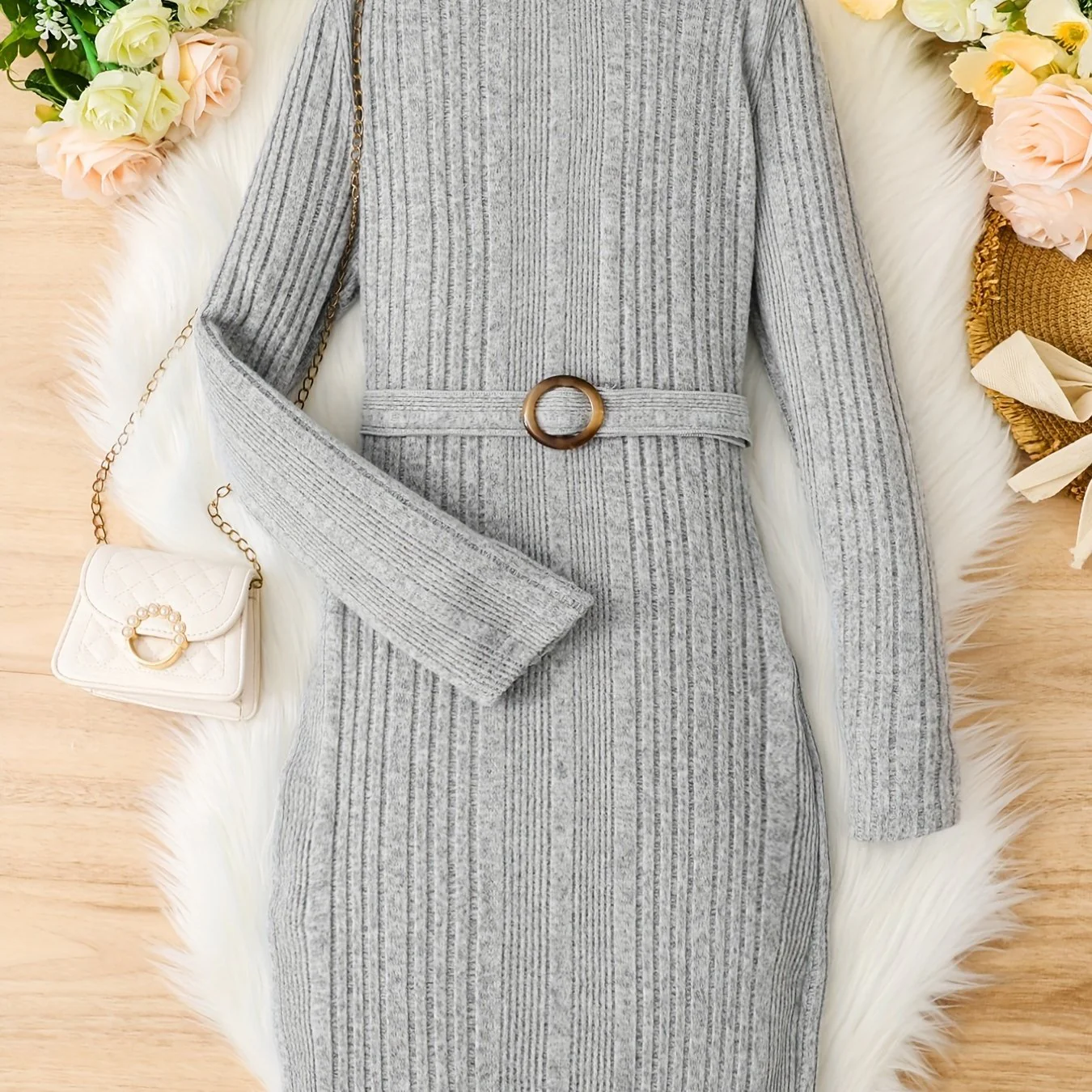 Teen Girls Rib Knitted Warm Bodycon Sweater Dress With Belt - Deanwangkt